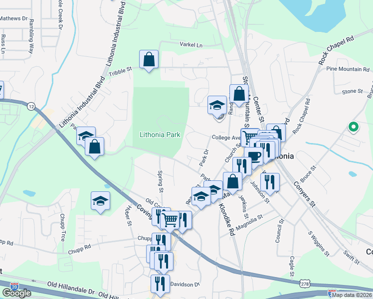 map of restaurants, bars, coffee shops, grocery stores, and more near 2532 Albert Way in Lithonia