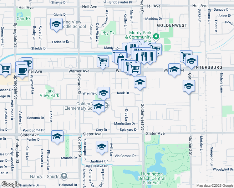 map of restaurants, bars, coffee shops, grocery stores, and more near 6772 Rook Drive in Huntington Beach