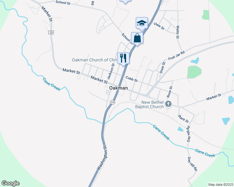 map of restaurants, bars, coffee shops, grocery stores, and more near Alabama 69 in Oakman