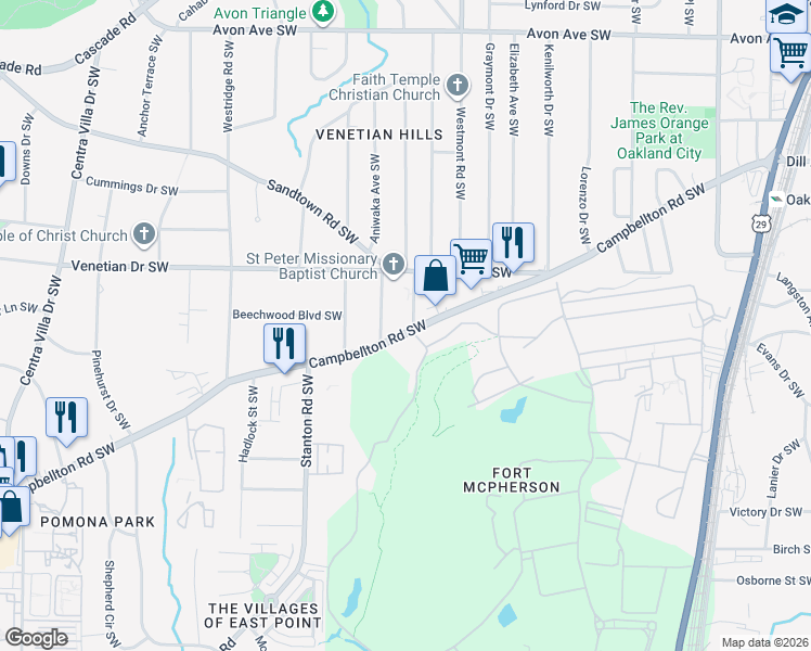 map of restaurants, bars, coffee shops, grocery stores, and more near 1573 Campbellton Road Southwest in Atlanta
