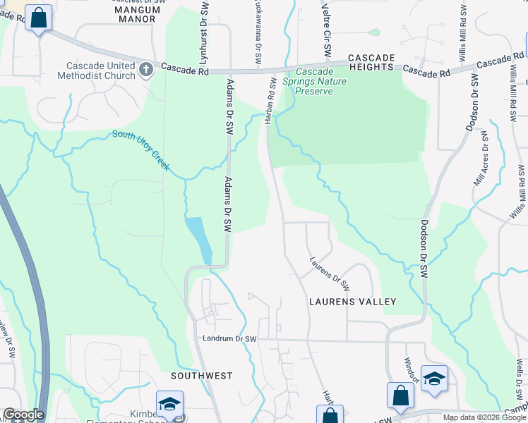 map of restaurants, bars, coffee shops, grocery stores, and more near 1581 Harbin Road Southwest in Atlanta