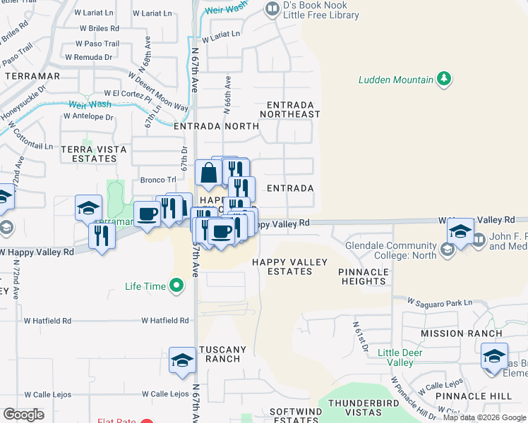 map of restaurants, bars, coffee shops, grocery stores, and more near 6427 West Buckskin Trail in Phoenix