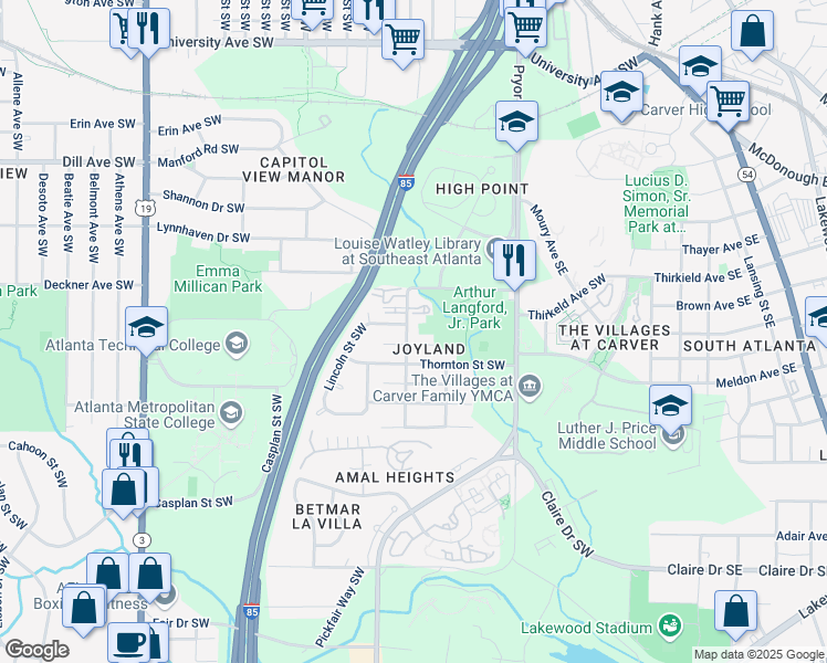 map of restaurants, bars, coffee shops, grocery stores, and more near 1408 Arthur Langford Junior Place Southwest in Atlanta