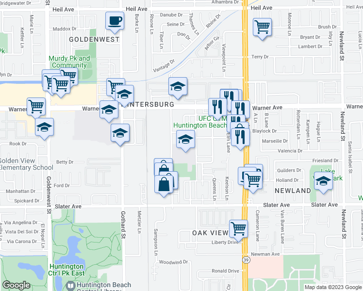 map of restaurants, bars, coffee shops, grocery stores, and more near 17175 Emerald Lane in Huntington Beach