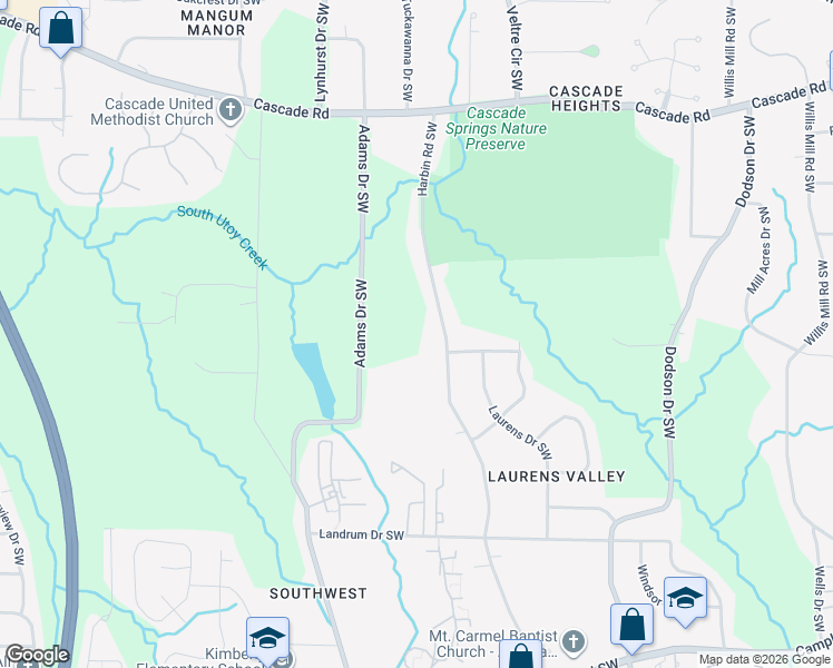 map of restaurants, bars, coffee shops, grocery stores, and more near 1581 Harbin Road Southwest in Atlanta