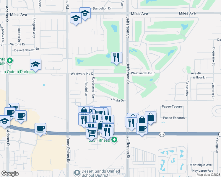 map of restaurants, bars, coffee shops, grocery stores, and more near 79915 Horseshoe Road in La Quinta