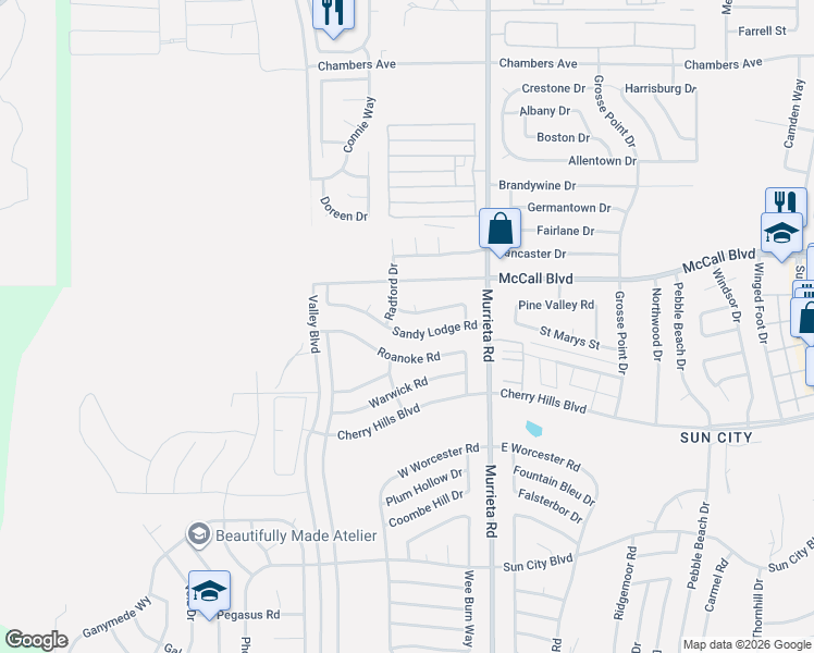 map of restaurants, bars, coffee shops, grocery stores, and more near 25779 Sandy Lodge Road in Menifee