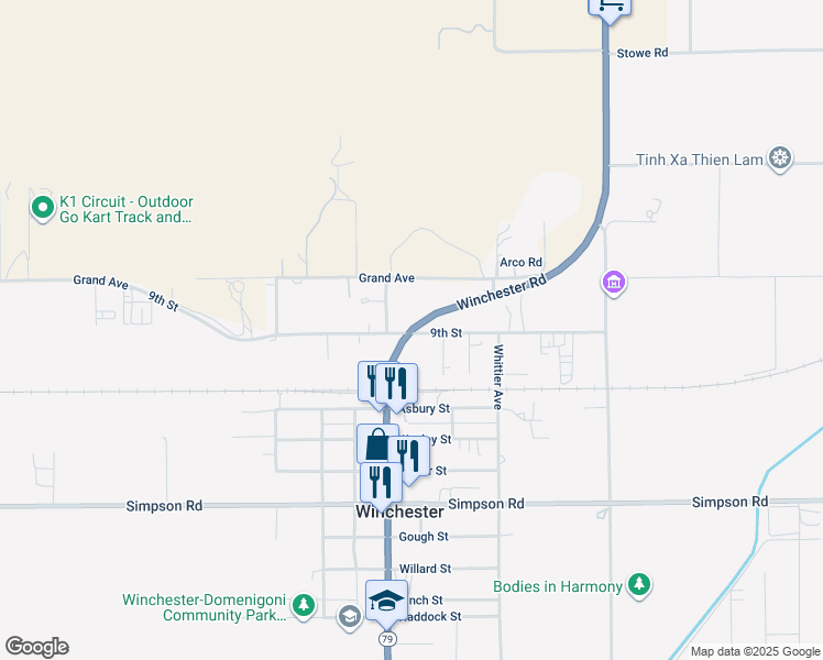 map of restaurants, bars, coffee shops, grocery stores, and more near 28100 Winchester Road in Winchester