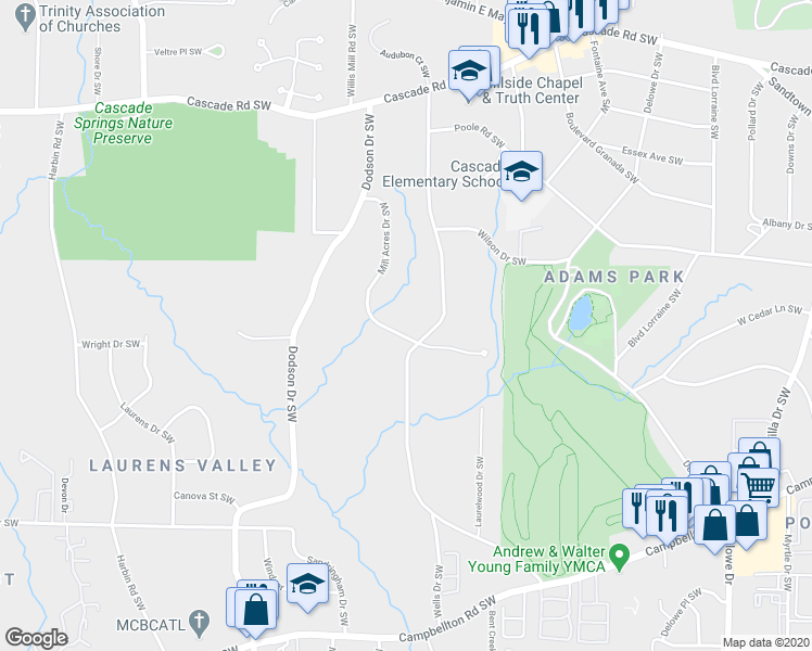 map of restaurants, bars, coffee shops, grocery stores, and more near 1610 Mill Acres Drive Southwest in Atlanta
