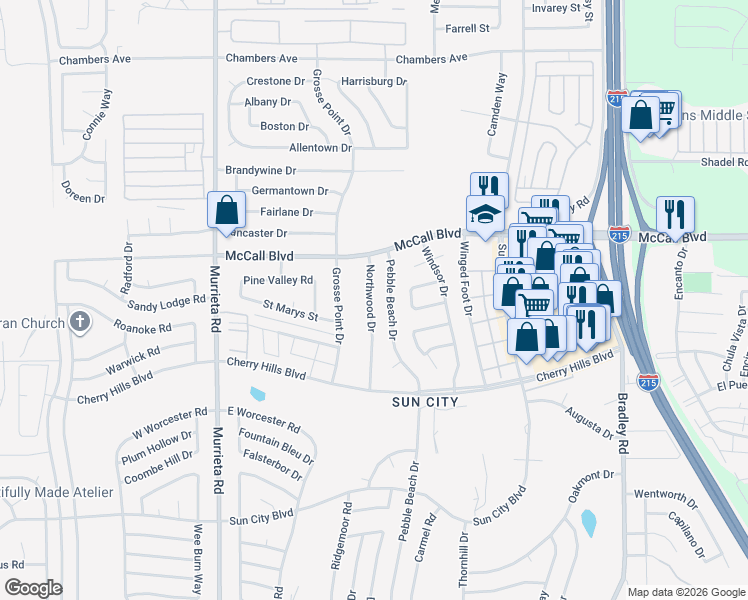 map of restaurants, bars, coffee shops, grocery stores, and more near 28116 Northwood Drive in Menifee