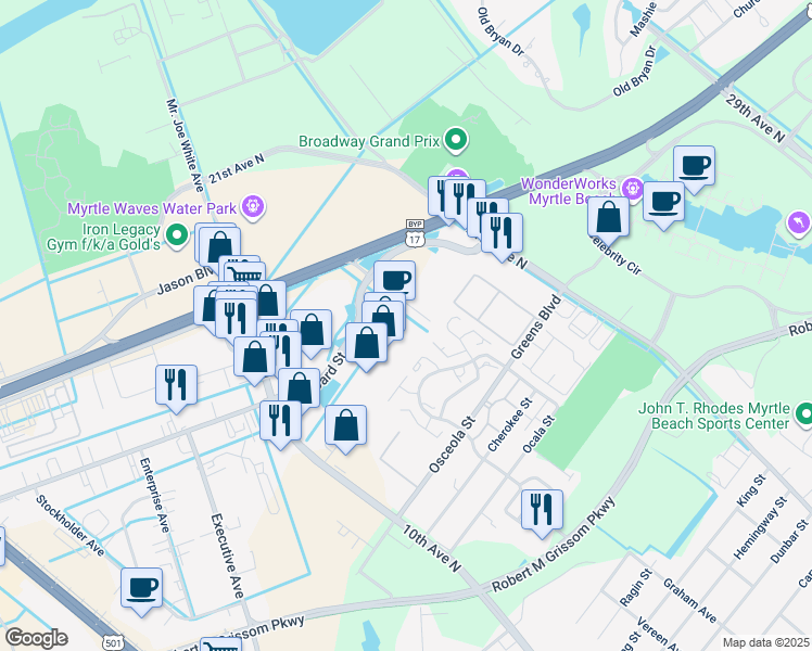 map of restaurants, bars, coffee shops, grocery stores, and more near 1150 Seaboard Street in Myrtle Beach