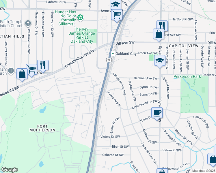 map of restaurants, bars, coffee shops, grocery stores, and more near 1552 Murphy Avenue Southwest in Atlanta
