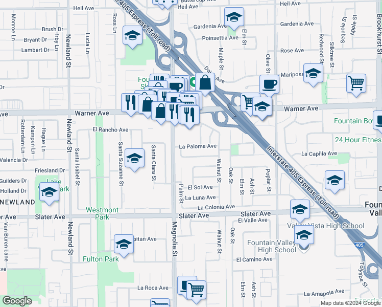 map of restaurants, bars, coffee shops, grocery stores, and more near 9085 La Casita Avenue in Fountain Valley
