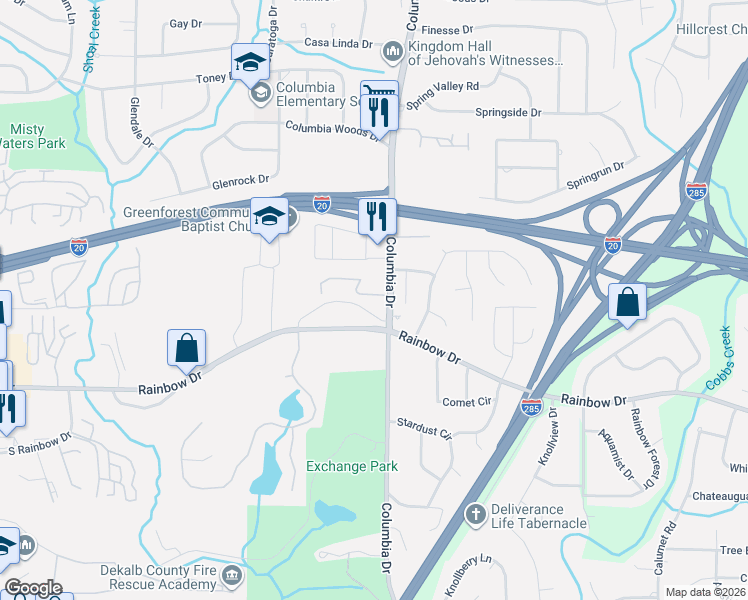 map of restaurants, bars, coffee shops, grocery stores, and more near 3342 Rainbow Drive in Decatur
