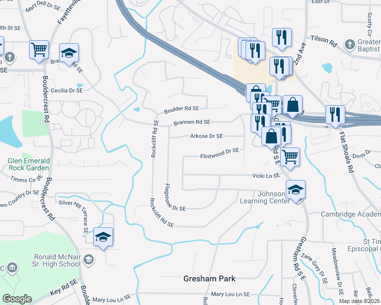 map of restaurants, bars, coffee shops, grocery stores, and more near 1680 Flintwood Drive Southeast in Atlanta