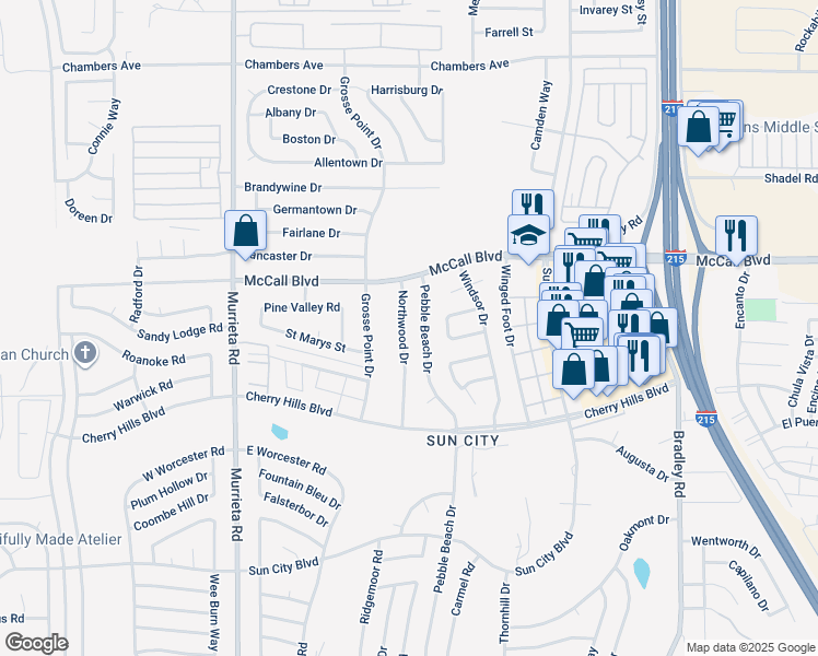 map of restaurants, bars, coffee shops, grocery stores, and more near 28116 Northwood Drive in Menifee