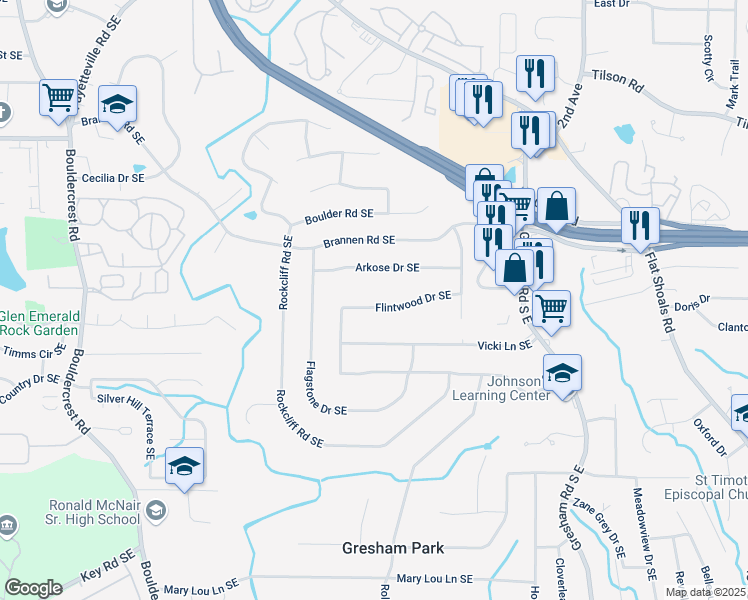 map of restaurants, bars, coffee shops, grocery stores, and more near 1655 Flintwood Drive Southeast in Atlanta