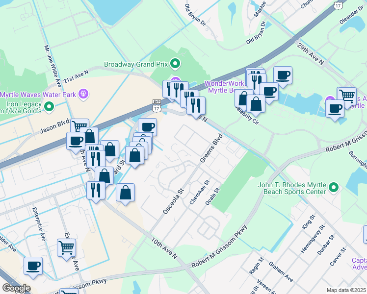 map of restaurants, bars, coffee shops, grocery stores, and more near 401 Chesterfield Court in Myrtle Beach