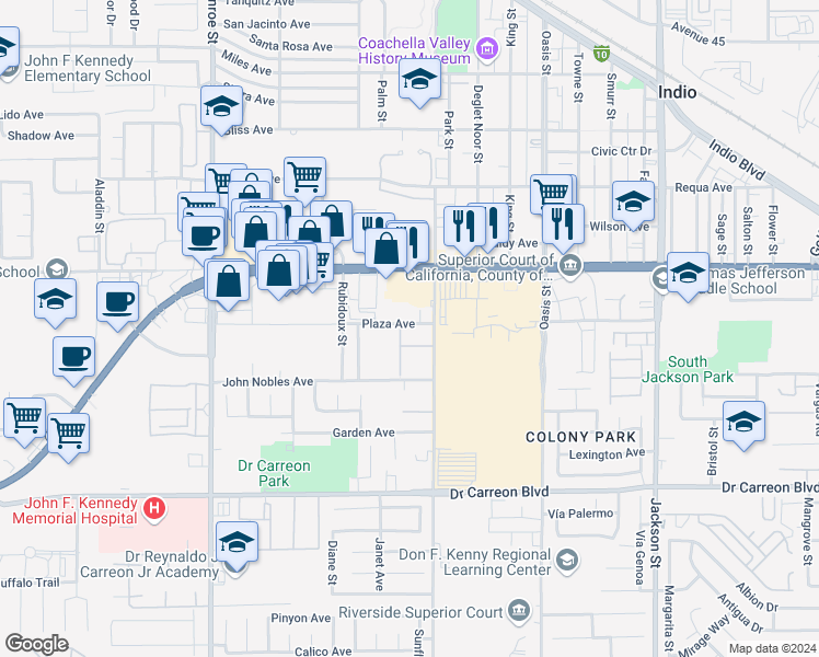 map of restaurants, bars, coffee shops, grocery stores, and more near 826 Plaza Avenue in Indio