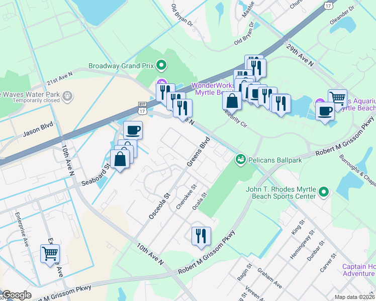 map of restaurants, bars, coffee shops, grocery stores, and more near 2005 Greens Boulevard in Myrtle Beach