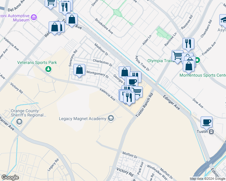 map of restaurants, bars, coffee shops, grocery stores, and more near 15219 Calverton Way in Tustin