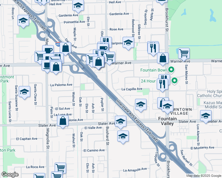 map of restaurants, bars, coffee shops, grocery stores, and more near 17215 Buttonwood Street in Fountain Valley