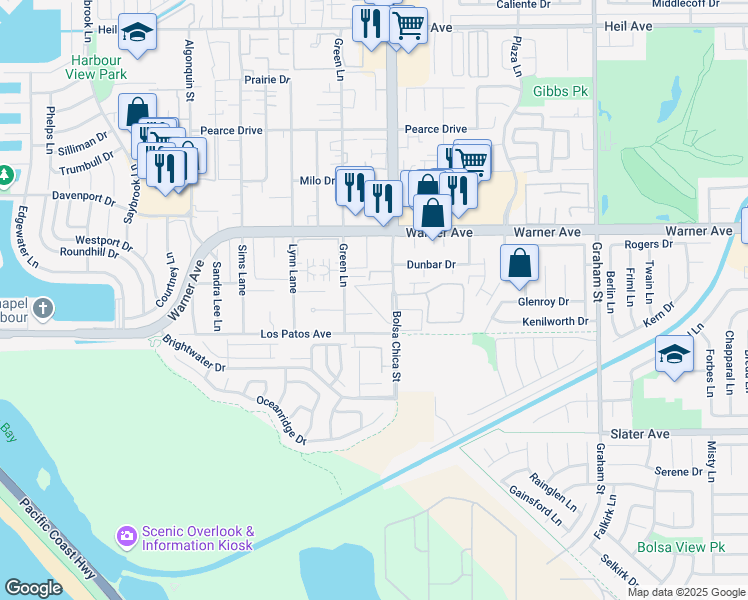 map of restaurants, bars, coffee shops, grocery stores, and more near 17171 Bolsa Chica Street in Huntington Beach