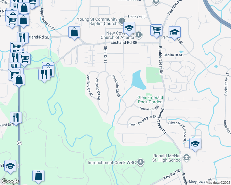 map of restaurants, bars, coffee shops, grocery stores, and more near 2452 Crestdale Circle Southeast in Atlanta