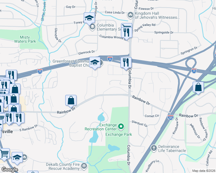 map of restaurants, bars, coffee shops, grocery stores, and more near 3300 Rainbow Drive in Decatur