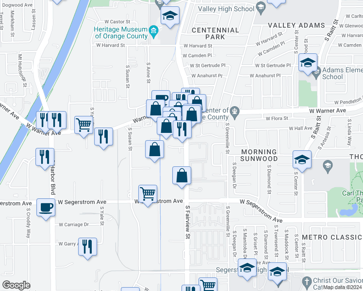 map of restaurants, bars, coffee shops, grocery stores, and more near 2556 South Fairview Street in Santa Ana