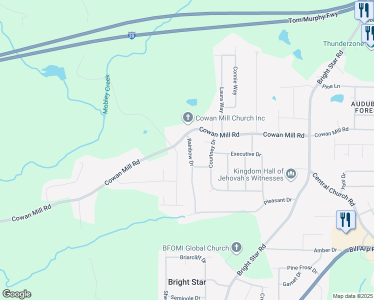 map of restaurants, bars, coffee shops, grocery stores, and more near 3419 Rainbow Drive in Winston