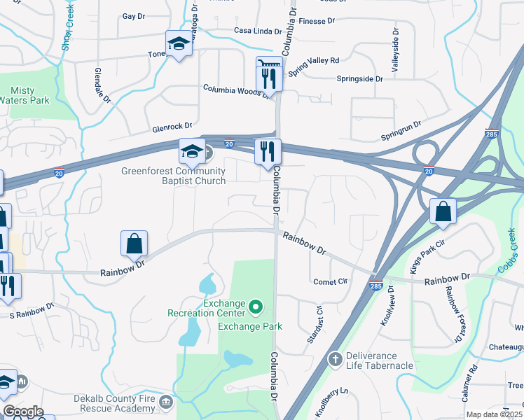 map of restaurants, bars, coffee shops, grocery stores, and more near 3187 Abbeywood Drive in Decatur