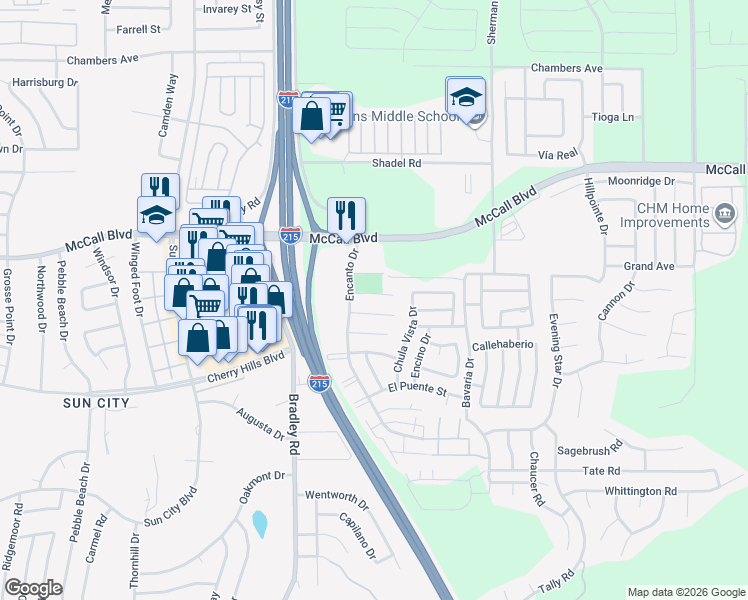 map of restaurants, bars, coffee shops, grocery stores, and more near 27201 Granada Way in Menifee