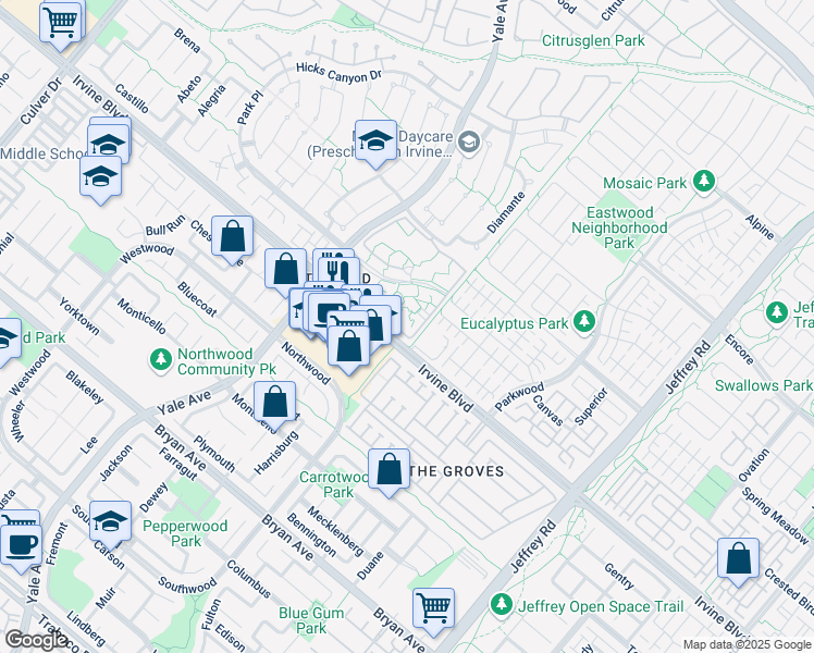 map of restaurants, bars, coffee shops, grocery stores, and more near 103 Streamwood in Irvine