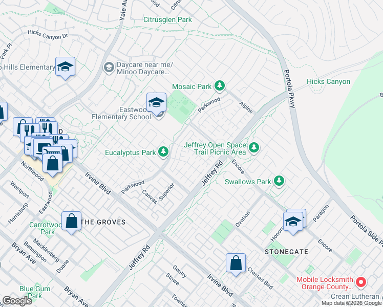map of restaurants, bars, coffee shops, grocery stores, and more near 89 Decker in Irvine