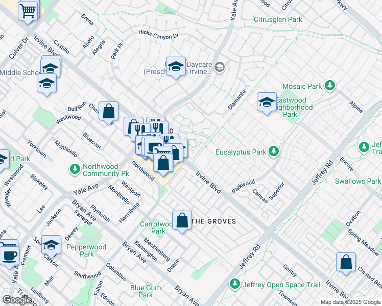map of restaurants, bars, coffee shops, grocery stores, and more near in Irvine