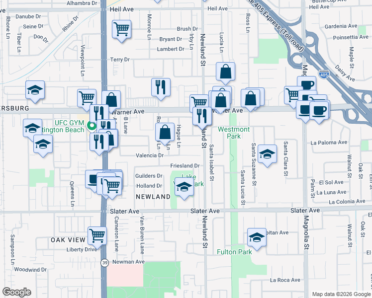 map of restaurants, bars, coffee shops, grocery stores, and more near 17202 Hague Lane in Huntington Beach