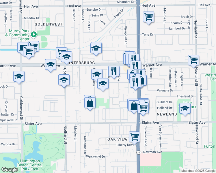 map of restaurants, bars, coffee shops, grocery stores, and more near 17212 Oak Lane in Huntington Beach