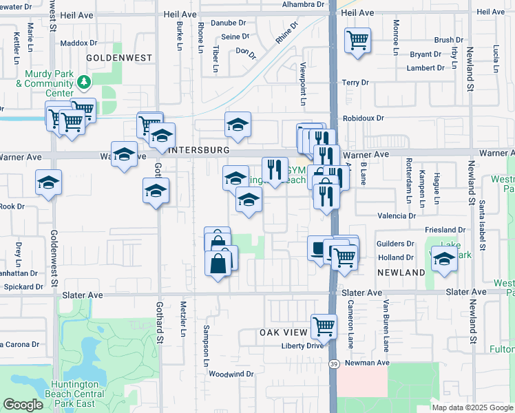 map of restaurants, bars, coffee shops, grocery stores, and more near 17175 Emerald Lane in Huntington Beach