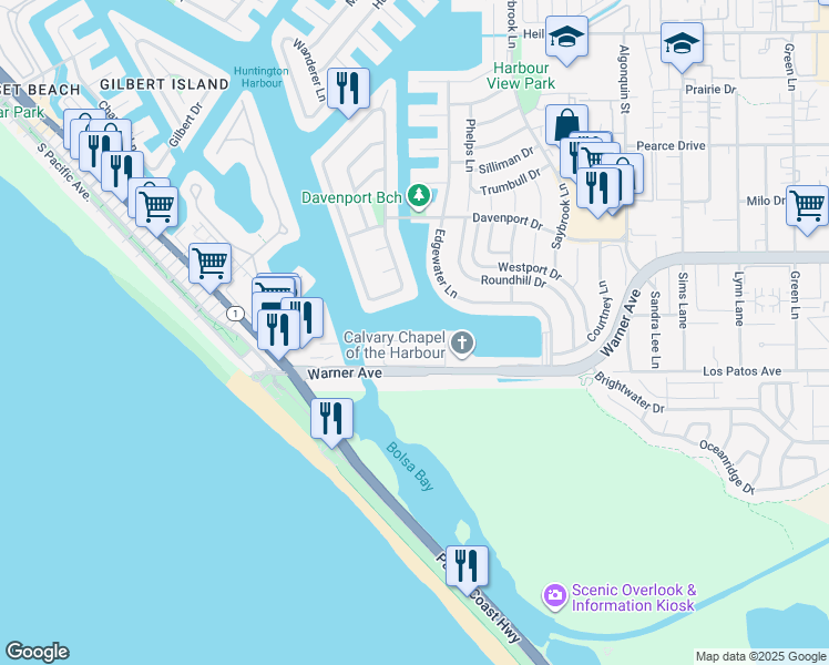 map of restaurants, bars, coffee shops, grocery stores, and more near 3970 Aladdin Drive in Huntington Beach
