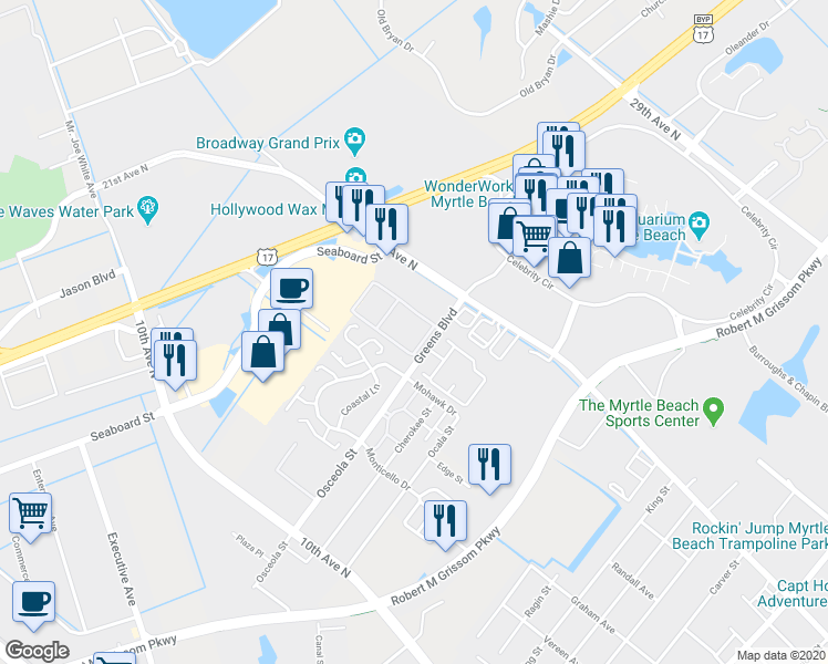 map of restaurants, bars, coffee shops, grocery stores, and more near 415 Chesterfield Court in Myrtle Beach