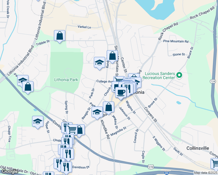 map of restaurants, bars, coffee shops, grocery stores, and more near 6834 Church Street in Lithonia
