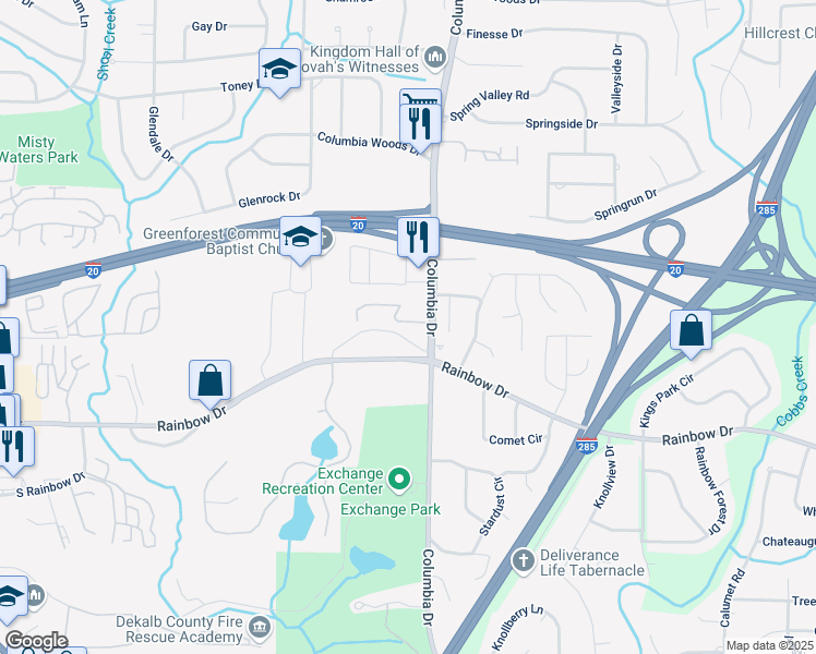map of restaurants, bars, coffee shops, grocery stores, and more near 3187 Abbeywood Drive in Decatur