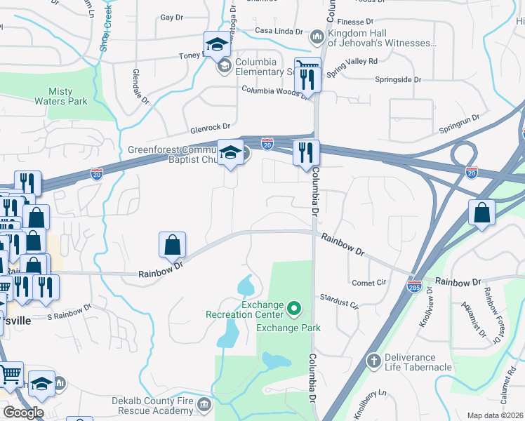 map of restaurants, bars, coffee shops, grocery stores, and more near 3300 Rainbow Drive in Decatur