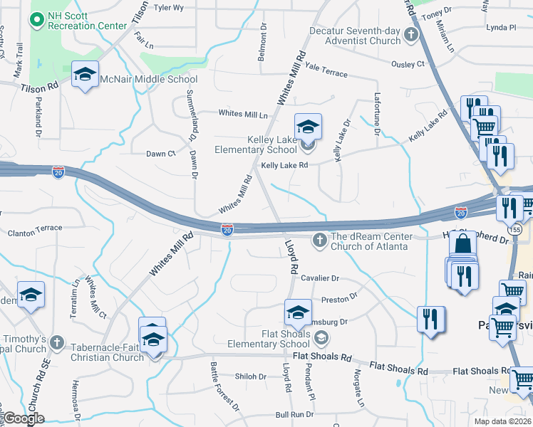 map of restaurants, bars, coffee shops, grocery stores, and more near 2589 Lloyd Road in Decatur