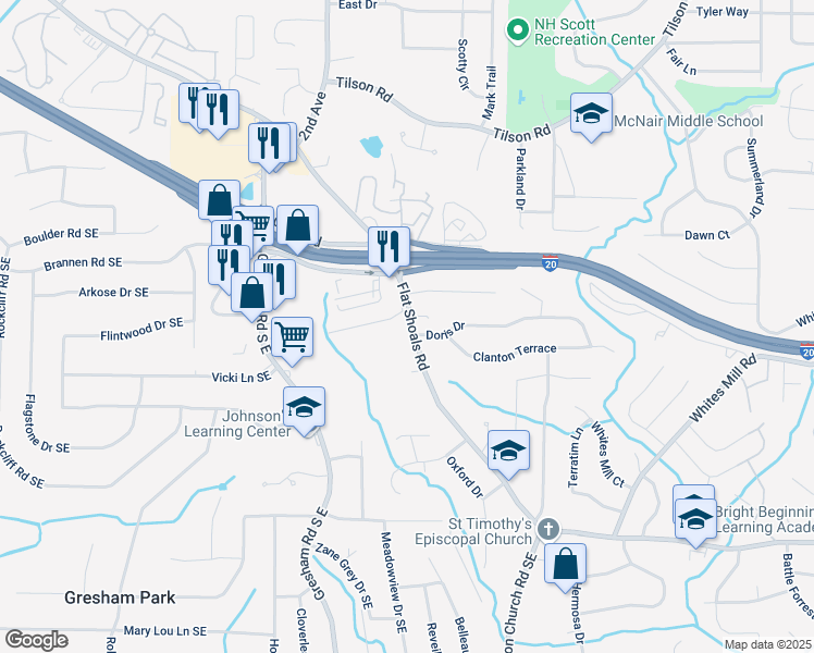 map of restaurants, bars, coffee shops, grocery stores, and more near 2587 Flat Shoals Road in Decatur