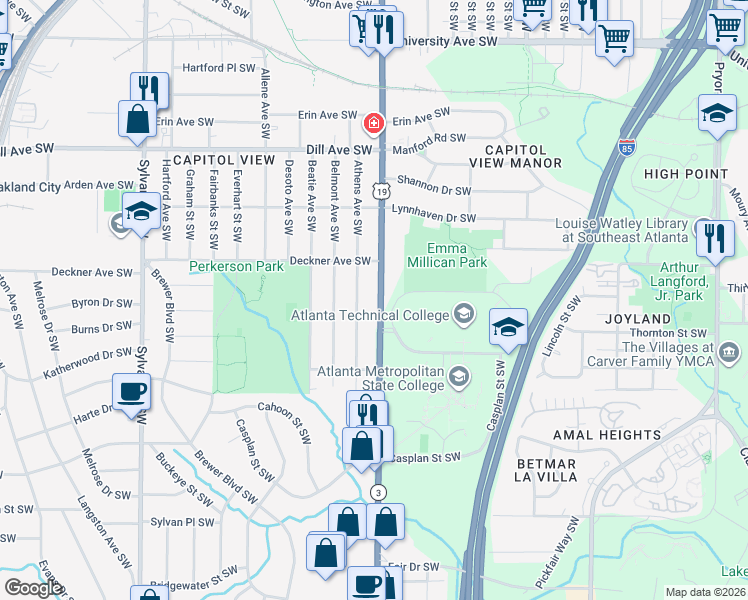 map of restaurants, bars, coffee shops, grocery stores, and more near 1545 Metropolitan Parkway Southwest in Atlanta