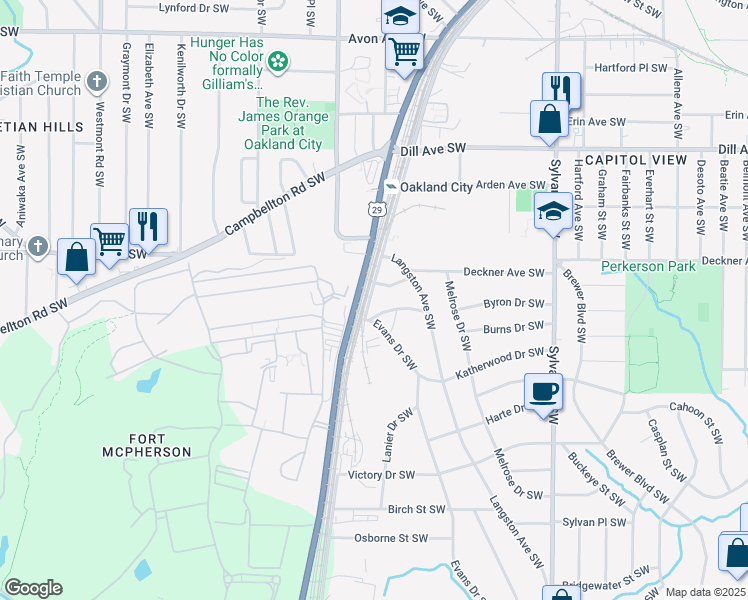 map of restaurants, bars, coffee shops, grocery stores, and more near 1552 Murphy Avenue Southwest in Atlanta
