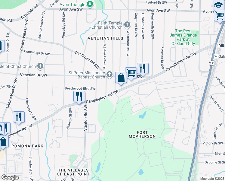 map of restaurants, bars, coffee shops, grocery stores, and more near 1573 Campbellton Road Southwest in Atlanta