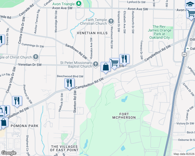 map of restaurants, bars, coffee shops, grocery stores, and more near in Atlanta